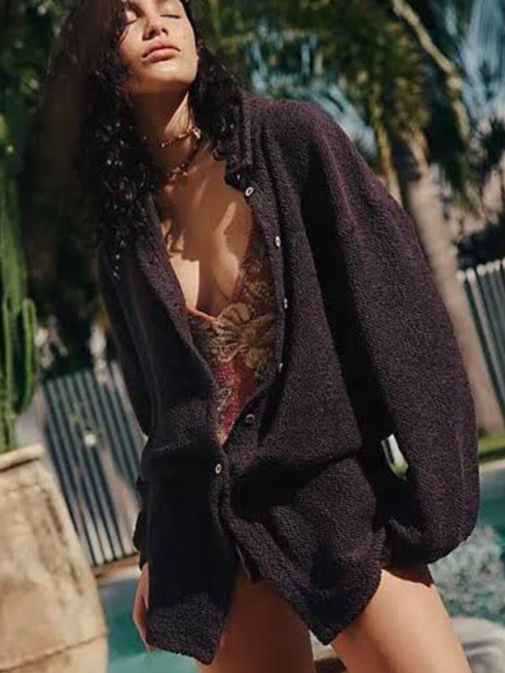 Free People free-est Samia Textured Button-Front Cardigan Brown M